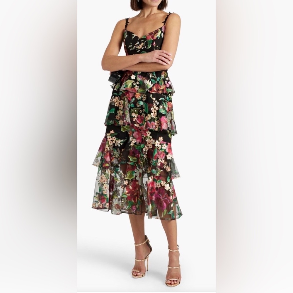 Marchesa Black Floral Midi Dress